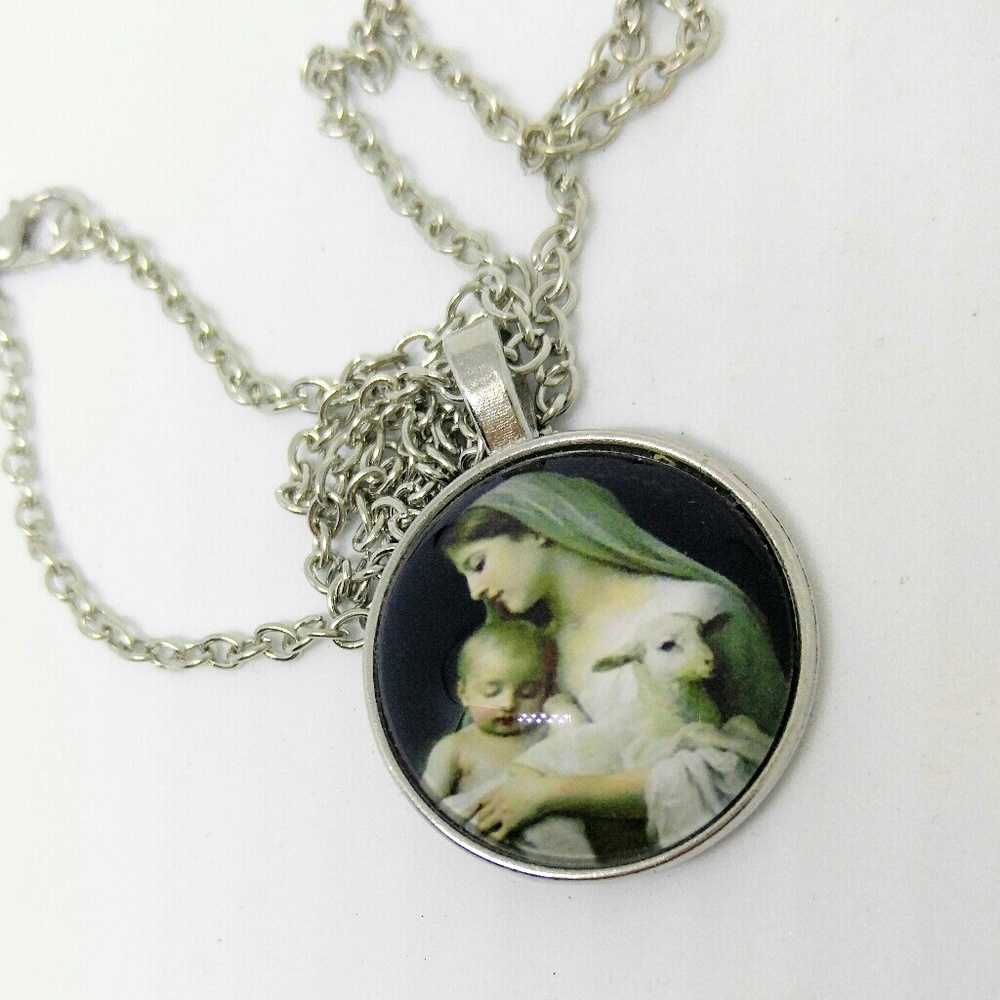 NEW Cabochon Necklace Mary Jesus Lamb Silver Chain